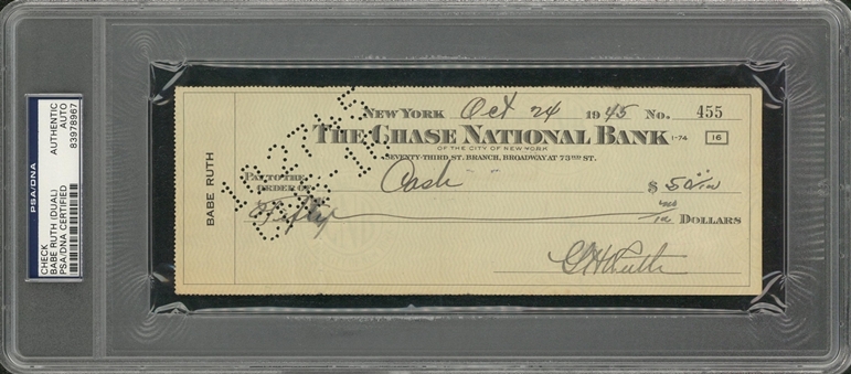 1945 Babe Ruth Double Signed Check (PSA/DNA)